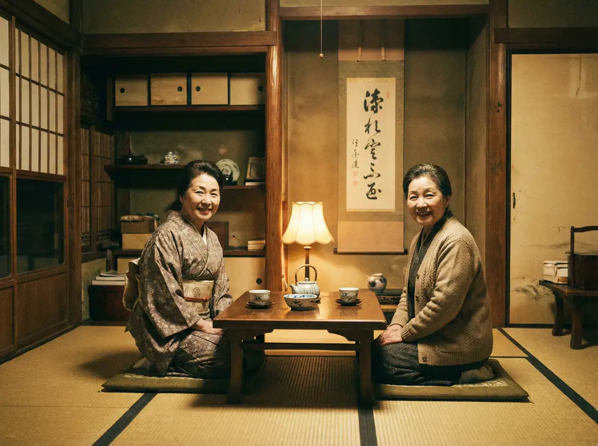 两位优雅的 伦理视频 在日式茶室中品茶交谈